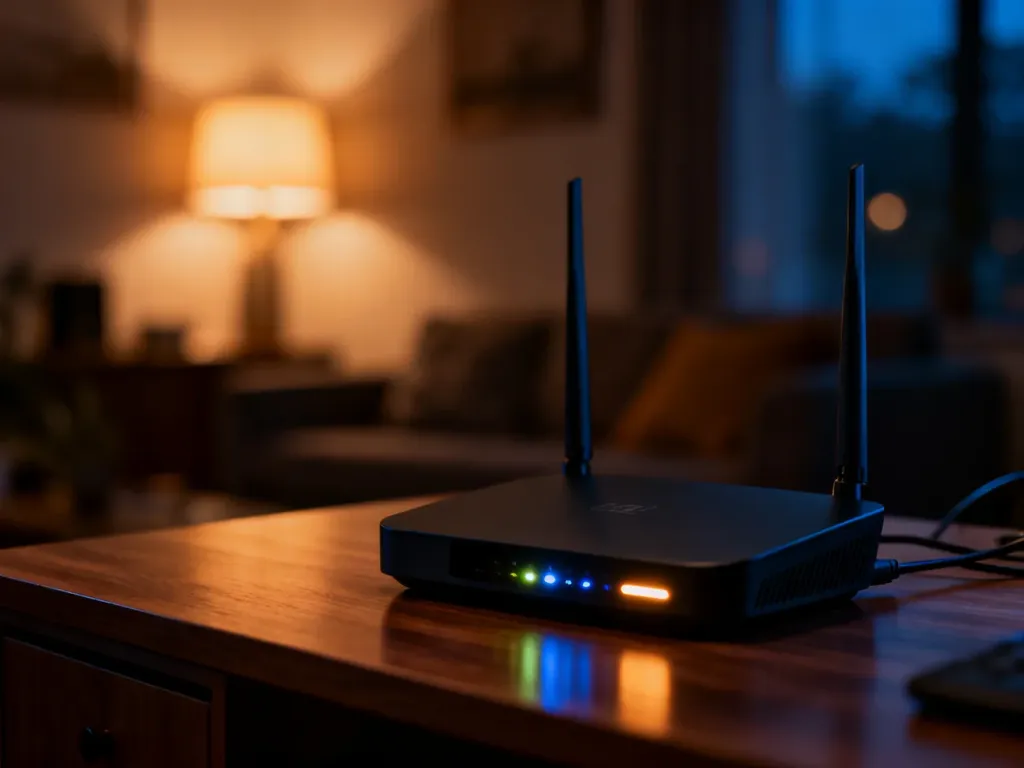 Nowoczesny router Wi-Fi z świecącymi diodami na drewnianym biurku w przytulnym, wieczornym salonie.