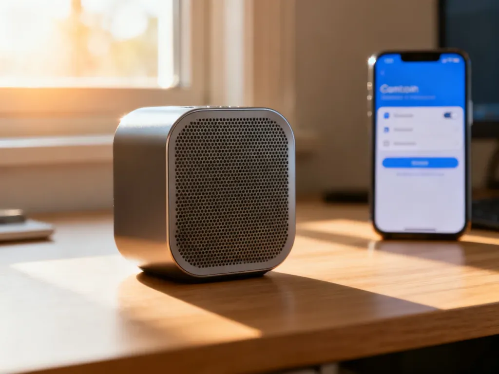 Nowoczesny głośnik Bluetooth na drewnianym biurku z rozmytym menu ustawień połączenia w tle.