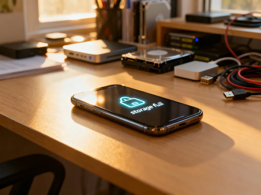 Smartfon na drewnianym biurku z ikoną pełnej pamięci, symbolizujący problem braku miejsca na dane w telefonie.