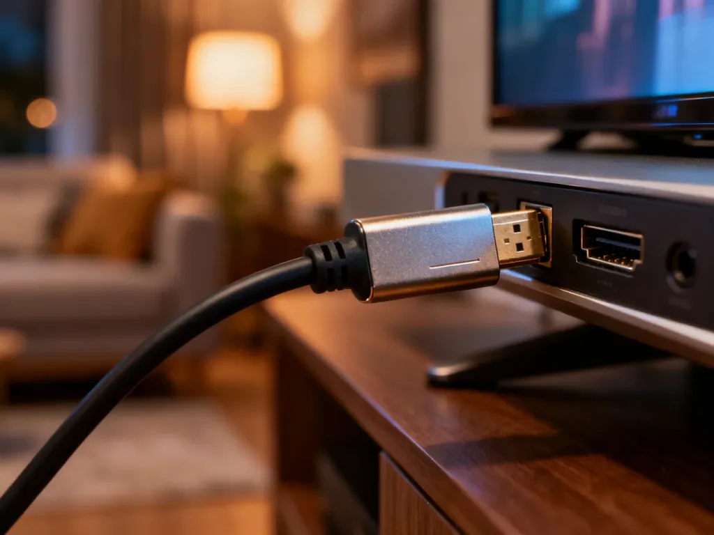 Kabel HDMI podłączony do portu w telewizorze. Zbliżenie na złącze, które pomaga w rozwiązaniu problemów z dźwiękiem.