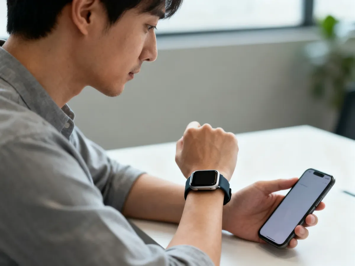 Osoba porównująca smartwatch ze smartfonem w spokojnym, minimalistycznym wnętrzu