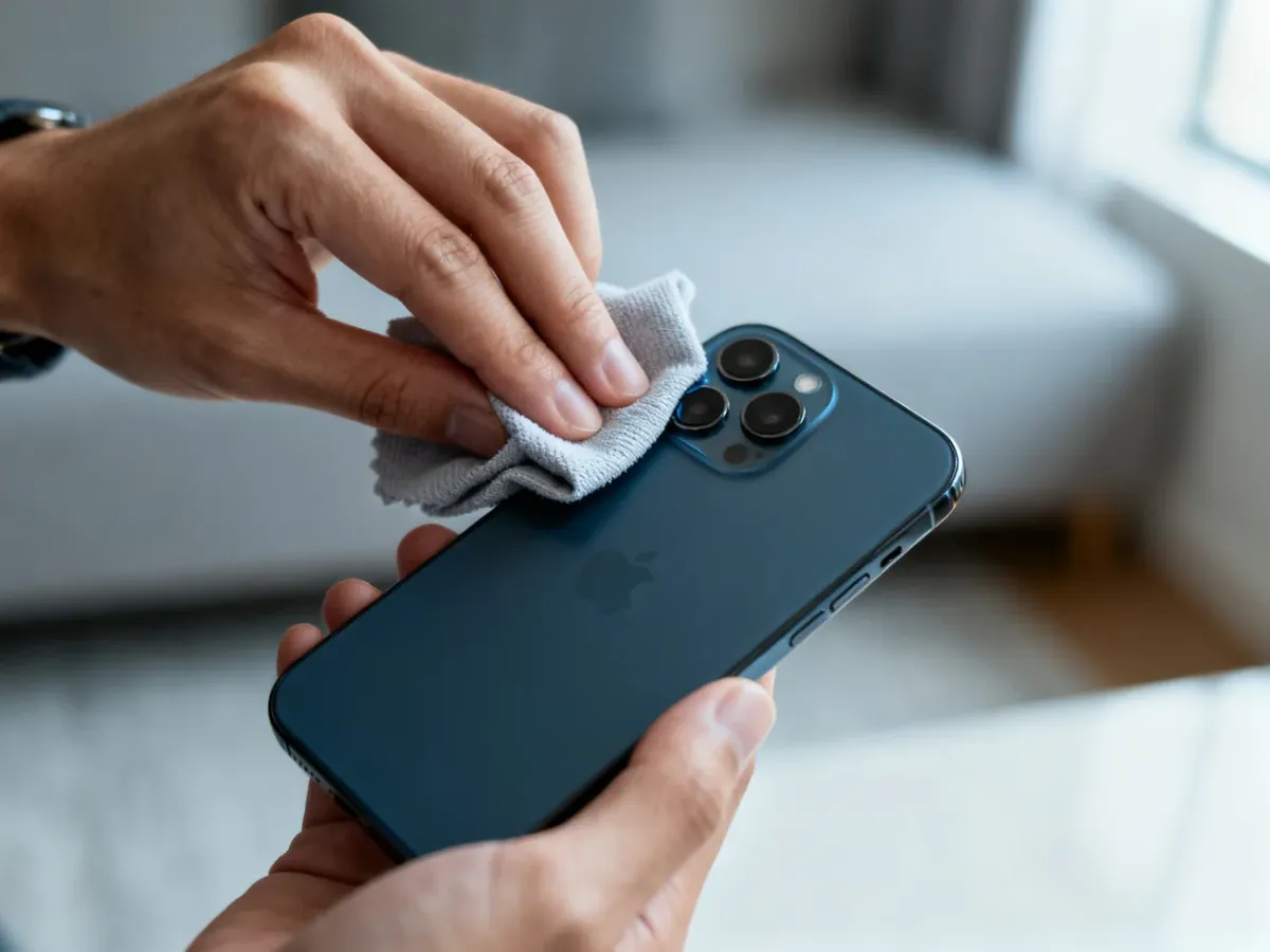 Czyszczenie obiektywu smartfona ściereczką z mikrofibry