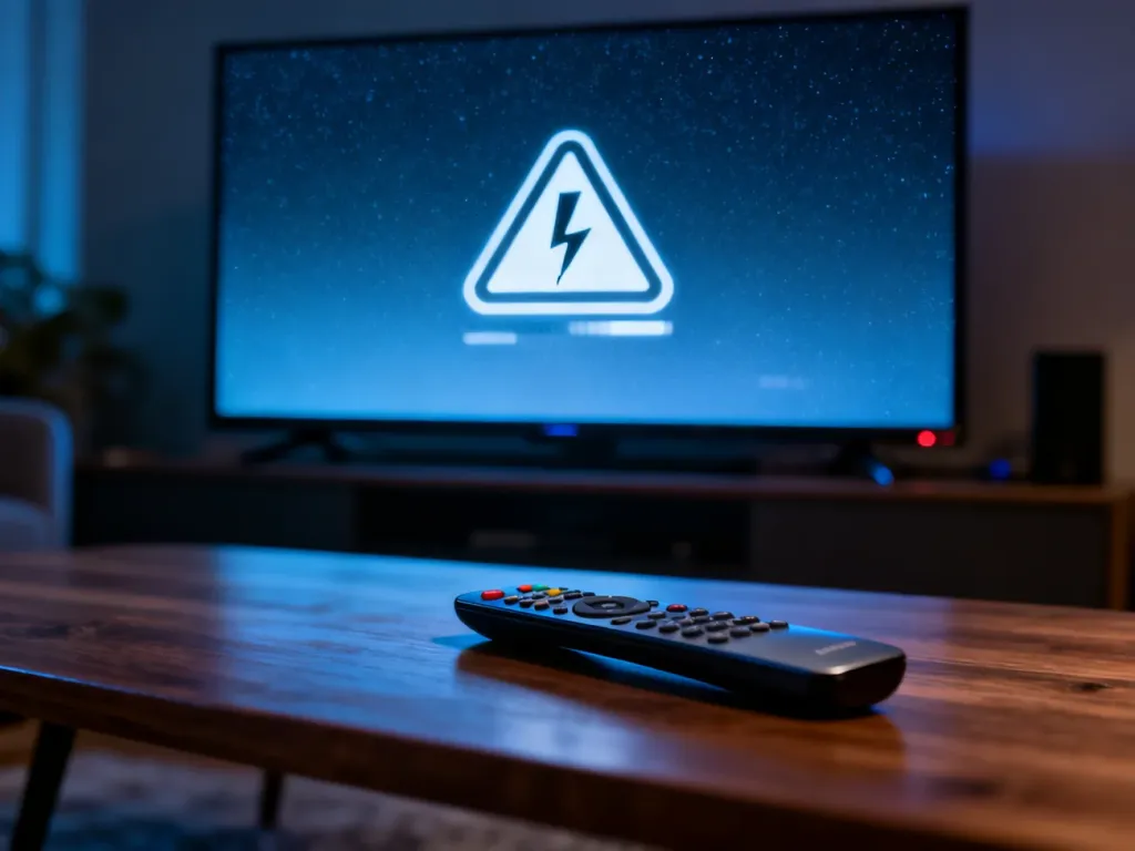 Ekran telewizora z symbolem błędu technicznego oraz pilot leżący na stoliku, ilustrujące problem z działaniem aplikacji.