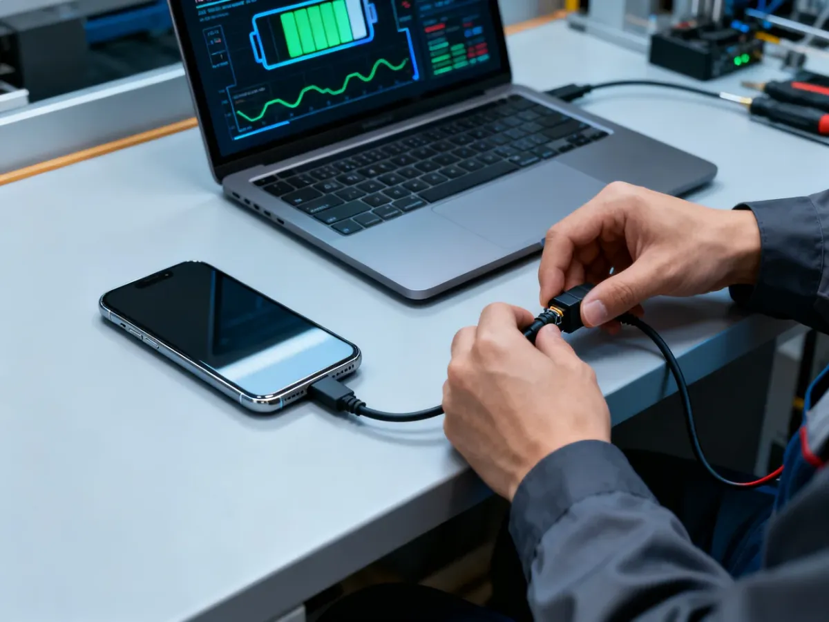 Diagnostyka baterii smartfona przy użyciu laptopa i narzędzi serwisowych