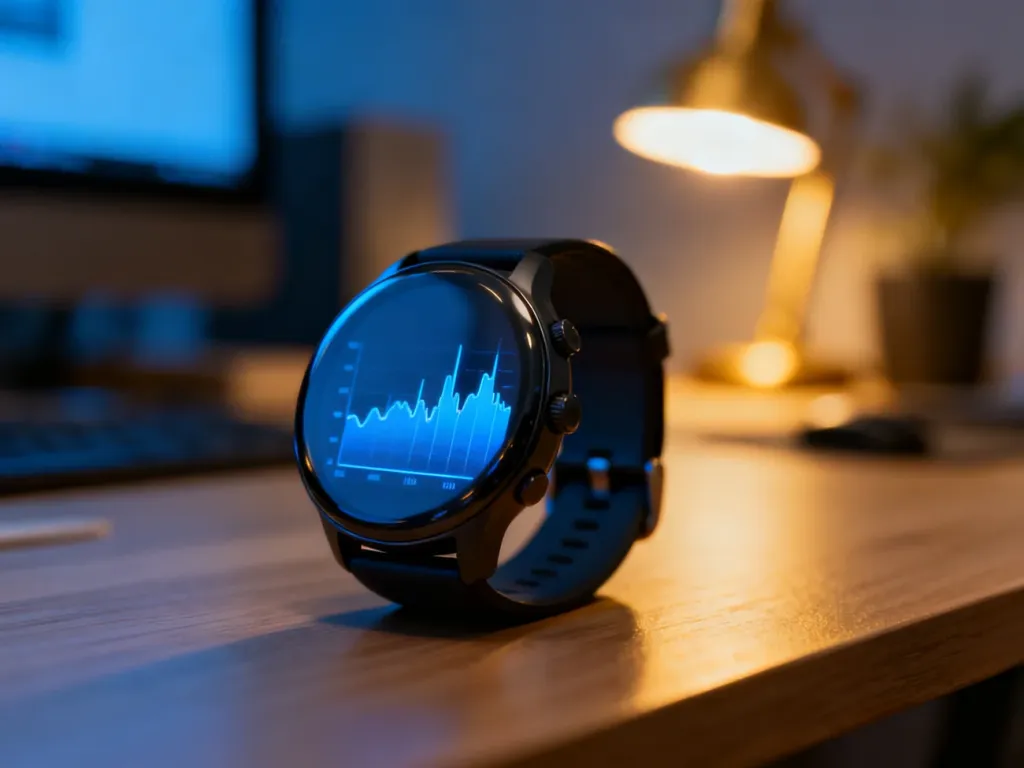 Nowoczesny smartwatch z wyświetlonymi danymi biometrycznymi na tle przytulnego domowego biura.