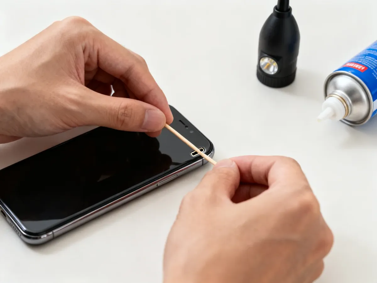 Delikatne czyszczenie portu telefonu drewnianą wykałaczką