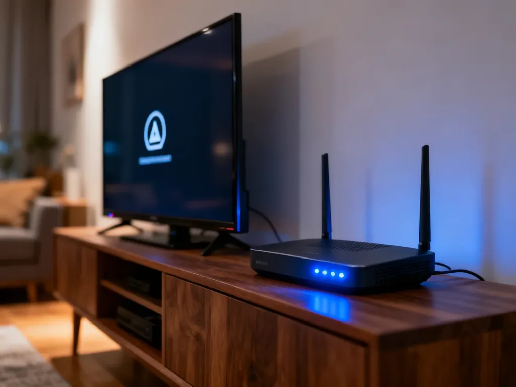 Nowoczesny telewizor z błędem połączenia sieciowego oraz router Wi-Fi na szafce RTV w minimalistycznym salonie.
