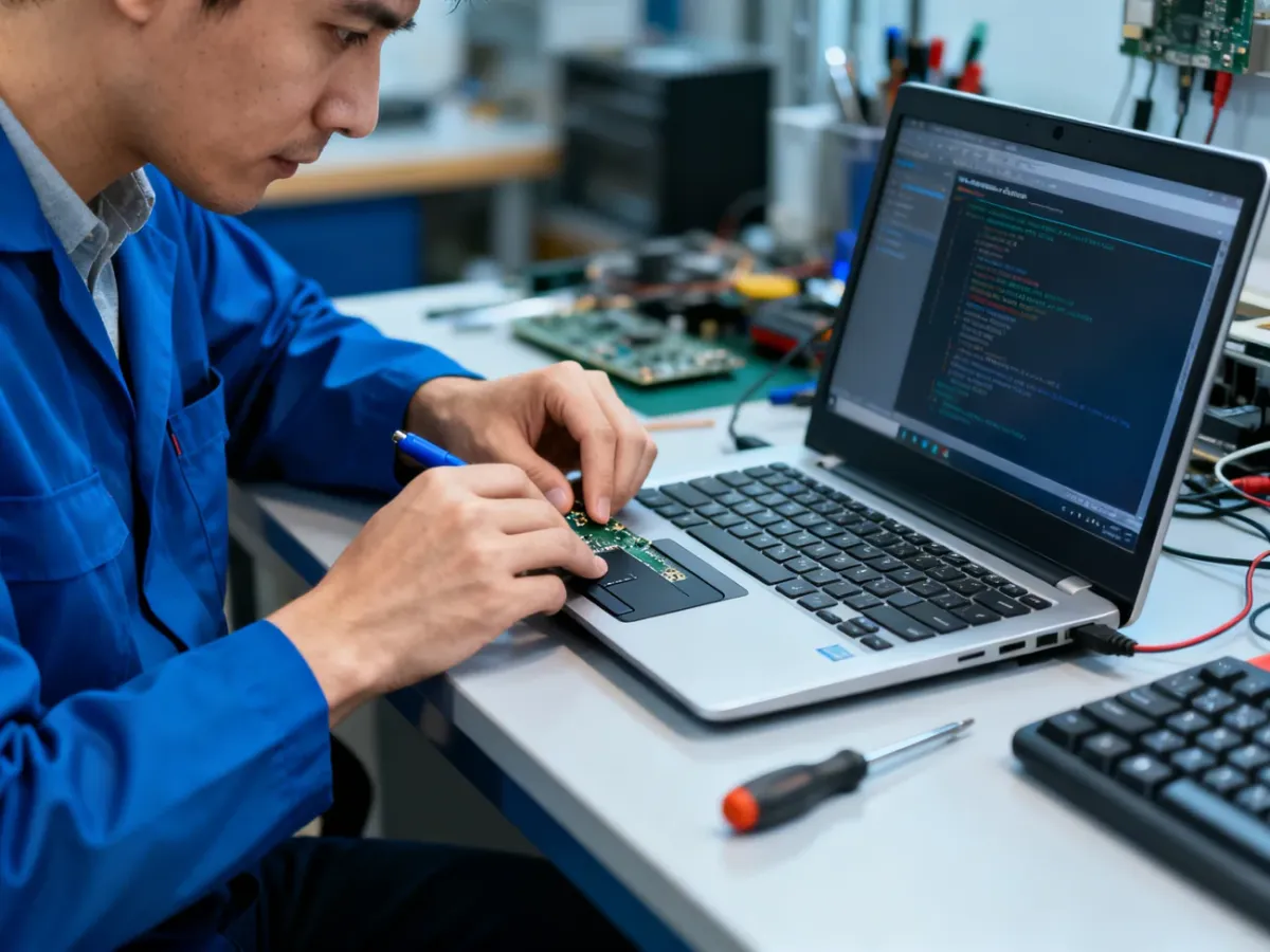 Technician updating a laptop touchpad driver