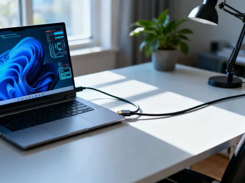 Laptop połączony kablem HDMI z zewnętrznym monitorem w nowoczesnym domowym biurze.