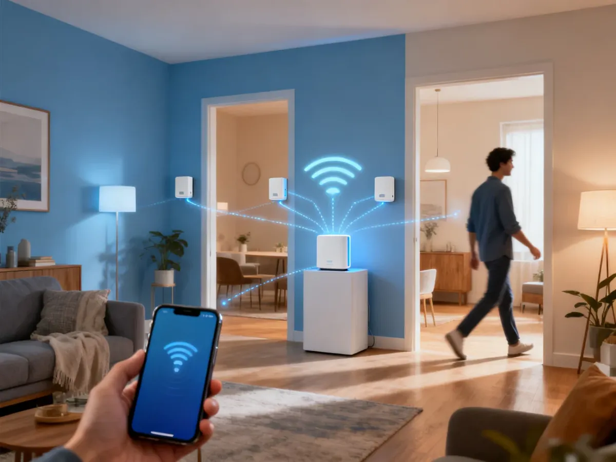 Osoba przemieszczająca się po domu podczas płynnego korzystania z sieci mesh Wi-Fi