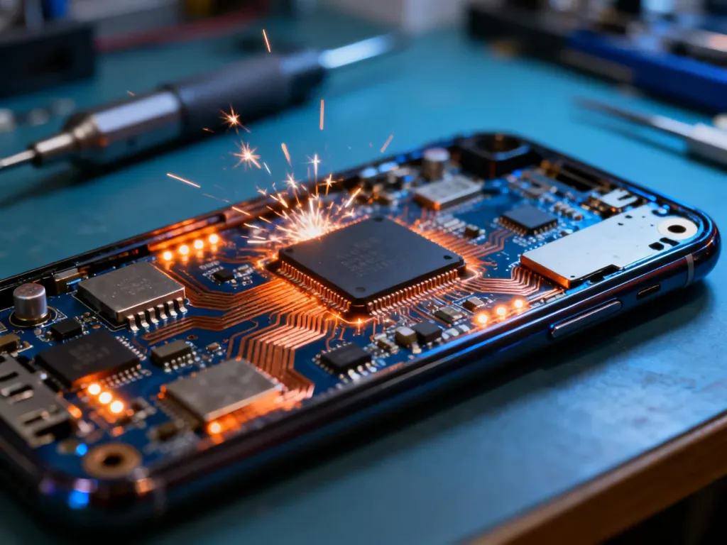 Zbliżenie na płytę główną smartfona z widocznymi mikroczipami i śladami zwarcia, sugerujące awarię podzespołów elektronicznych.