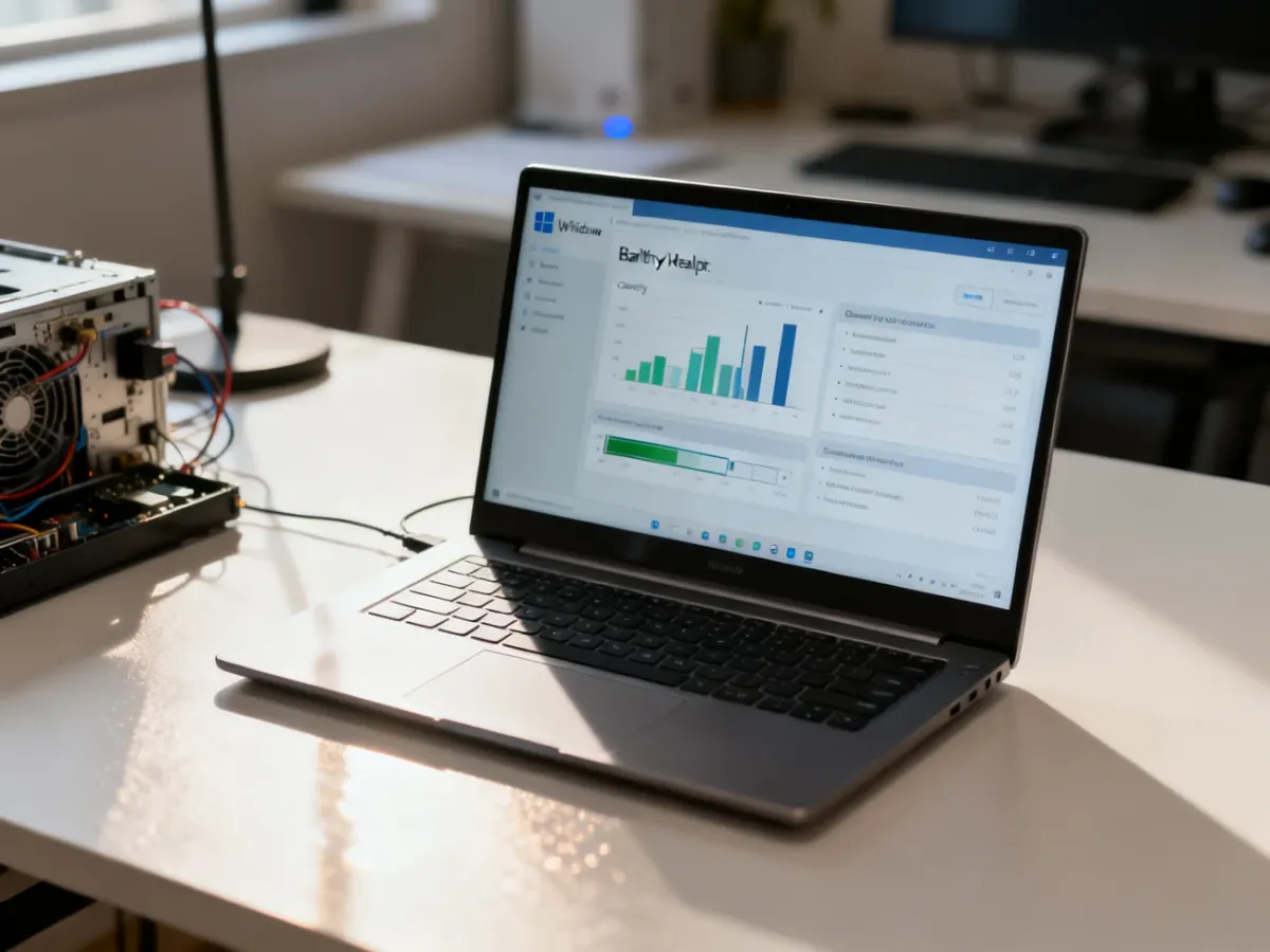 Laptop displaying a battery health diagnostic report