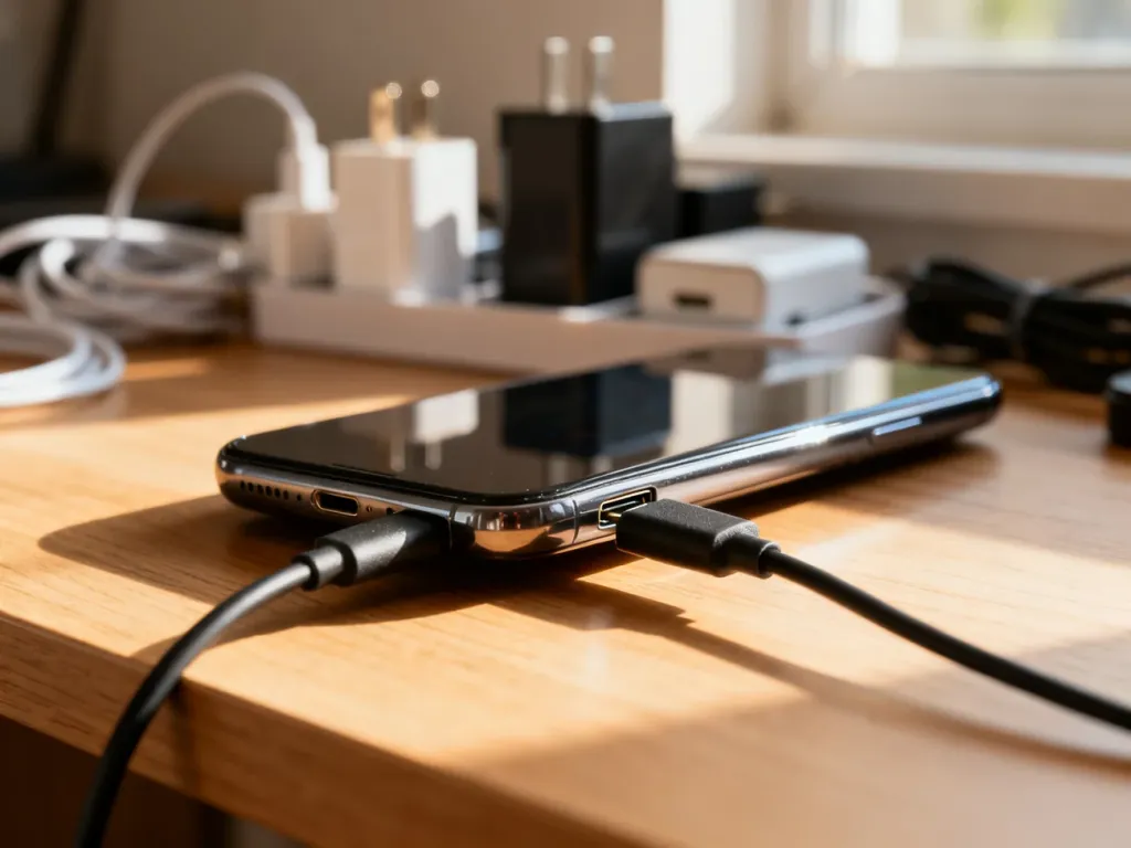 Smartfon podłączony do ładowarki na drewnianym biurku, otoczony różnymi akcesoriami do ładowania.
