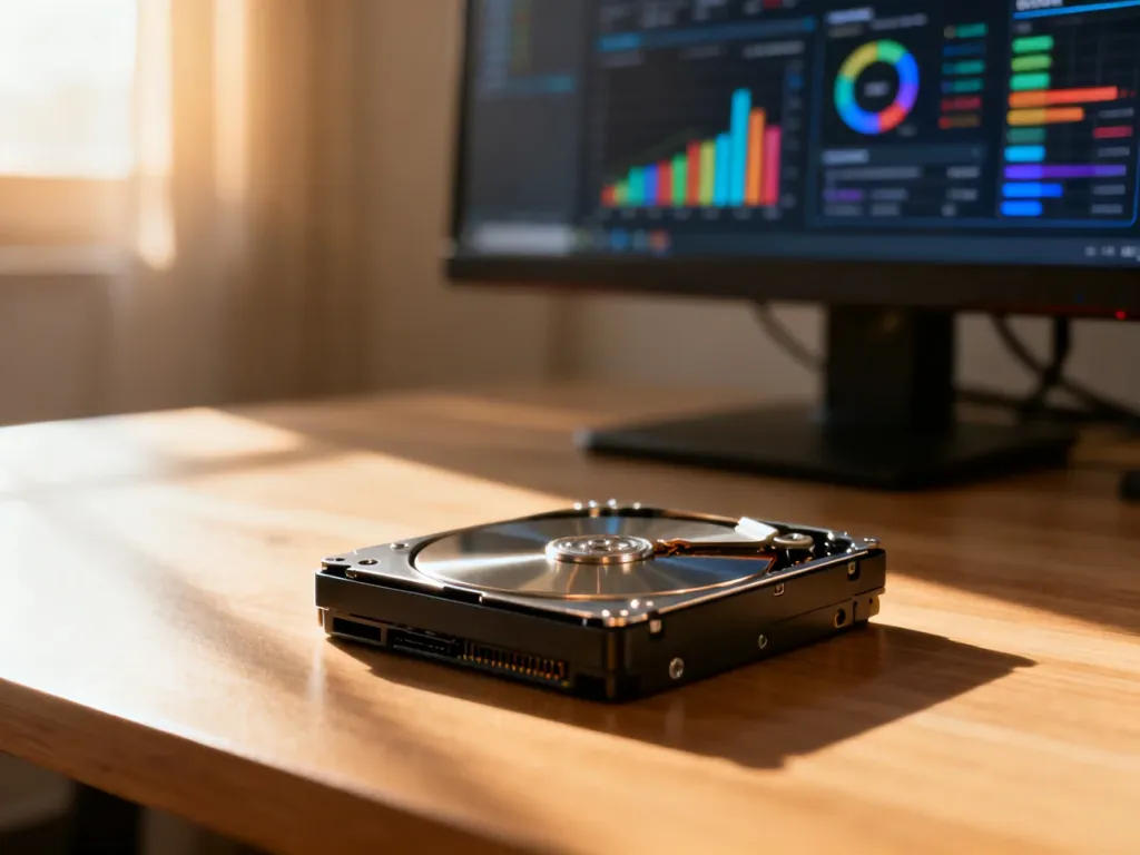 Dysk SSD leżący na biurku na tle monitora z wykresami analizy pamięci, obrazujący problem zapełniającego się miejsca.