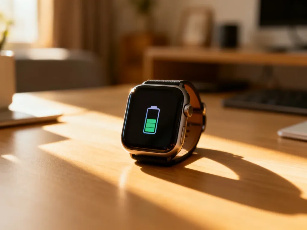 Smartwatch z ikoną ładowania baterii na drewnianym biurku w świetle poranka.