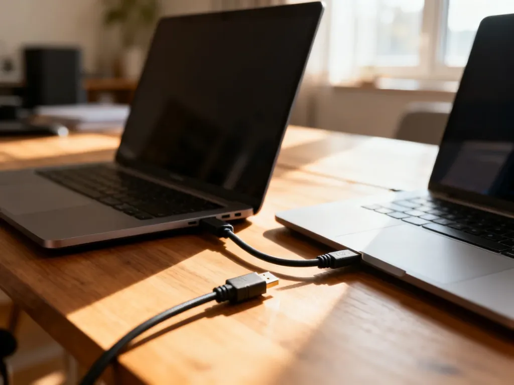 Dwa laptopy połączone kablem do przesyłania danych na drewnianym biurku, symbolizujące proces przenoszenia plików.