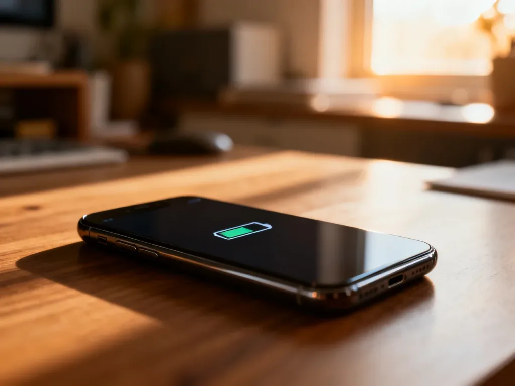Nowoczesny smartfon leżący na drewnianym biurku z ikoną niskiego poziomu naładowania baterii na ekranie.