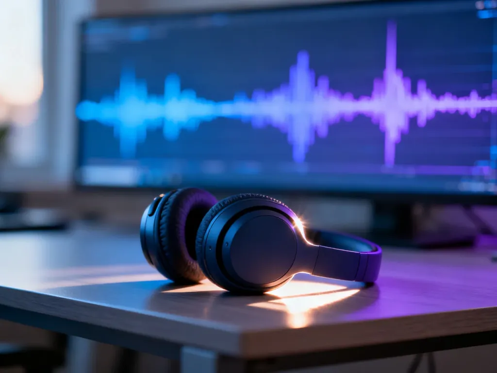 Bezprzewodowe słuchawki na drewnianym biurku z cyfrową wizualizacją fali dźwiękowej w tle, symbolizującą transmisję audio.