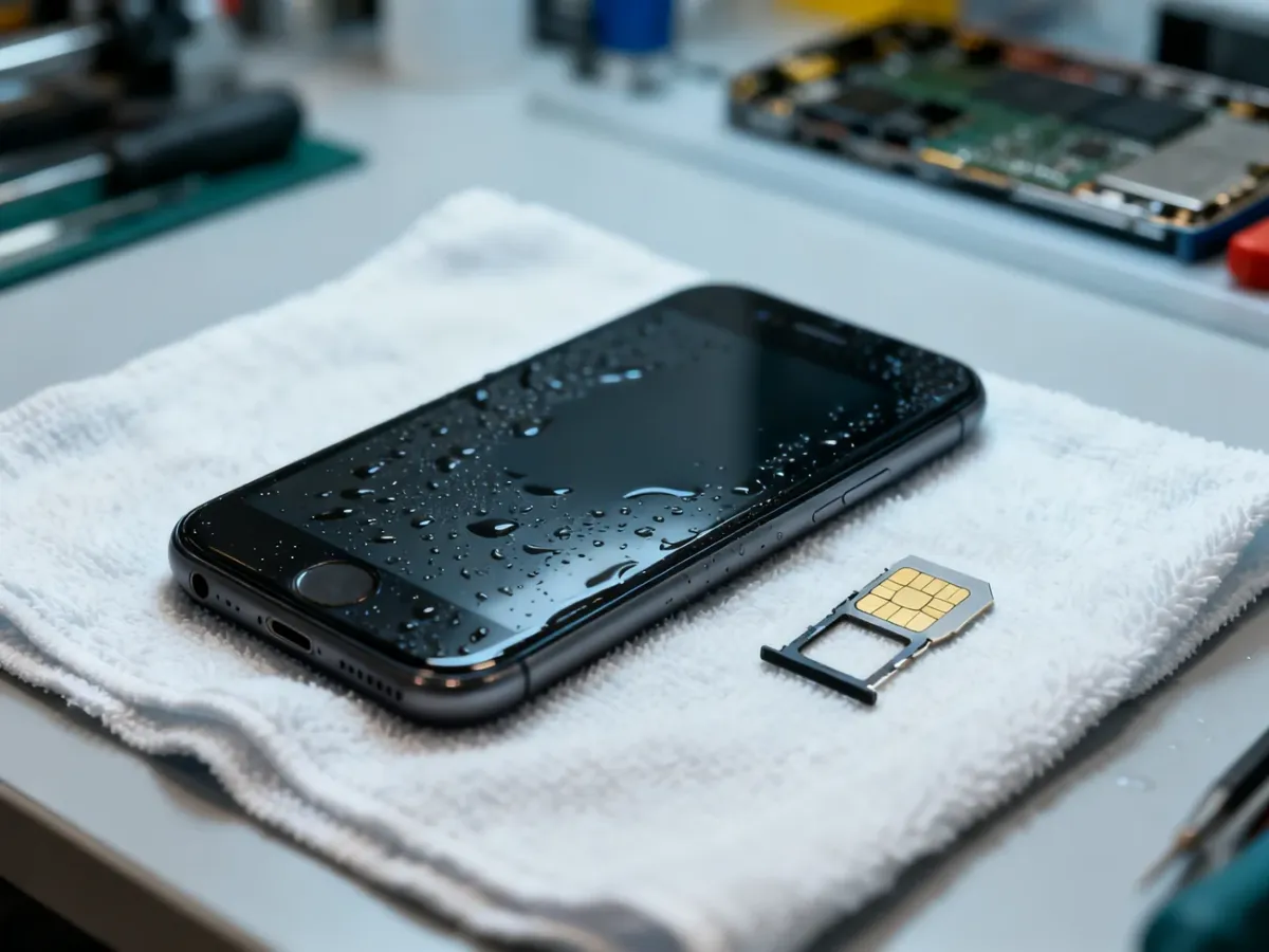 Wyłączony i osuszany telefon przygotowany do przekazania do serwisu
