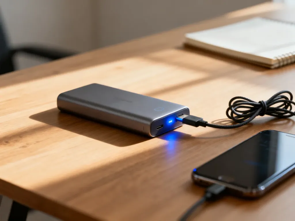 Nowoczesny powerbank podłączony kablem USB do smartfona na drewnianym biurku, ilustrujący proces ładowania urządzenia.
