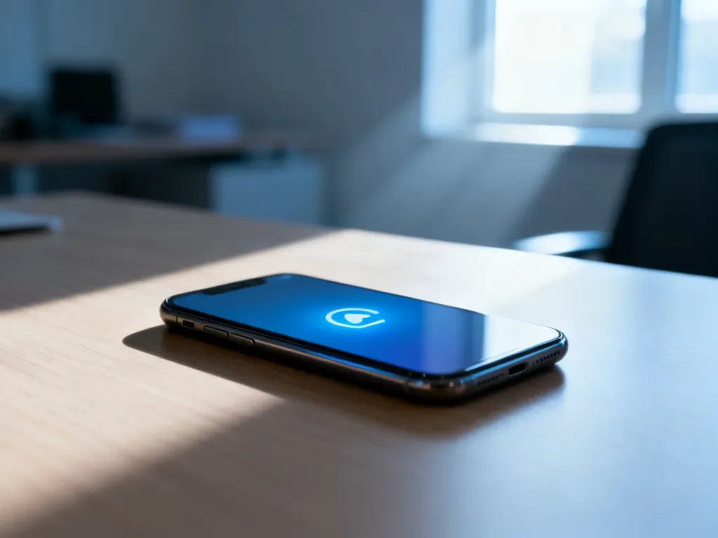 Nowoczesny smartfon leżący na biurku z widoczną ikoną powiadomienia na ekranie w jasnym, biurowym otoczeniu.