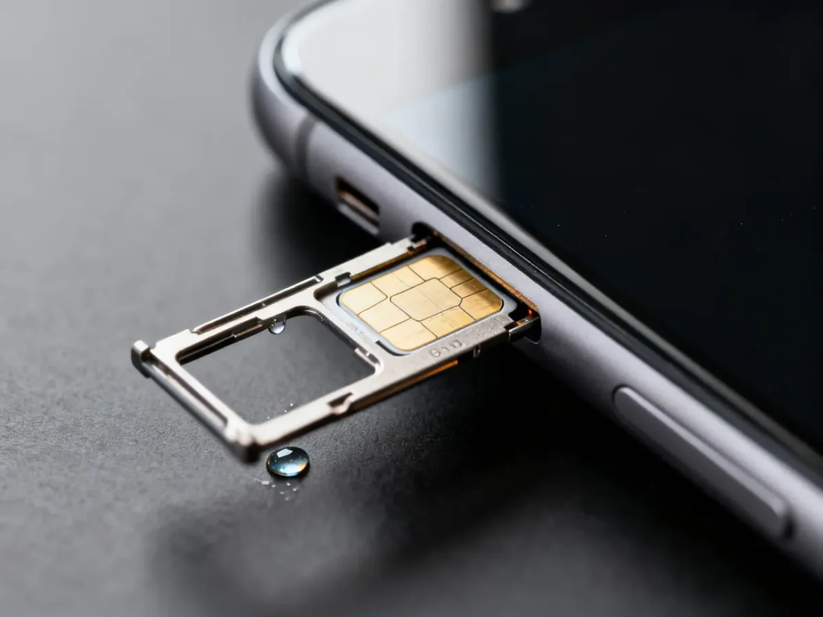 Zbliżenie telefonu z wyjętą tacką SIM i widocznym wskaźnikiem kontaktu z cieczą