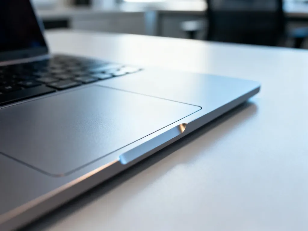 Zbliżenie na touchpad nowoczesnego laptopa w minimalistycznym biurze, ilustrujące temat problemów z działaniem gładzika.
