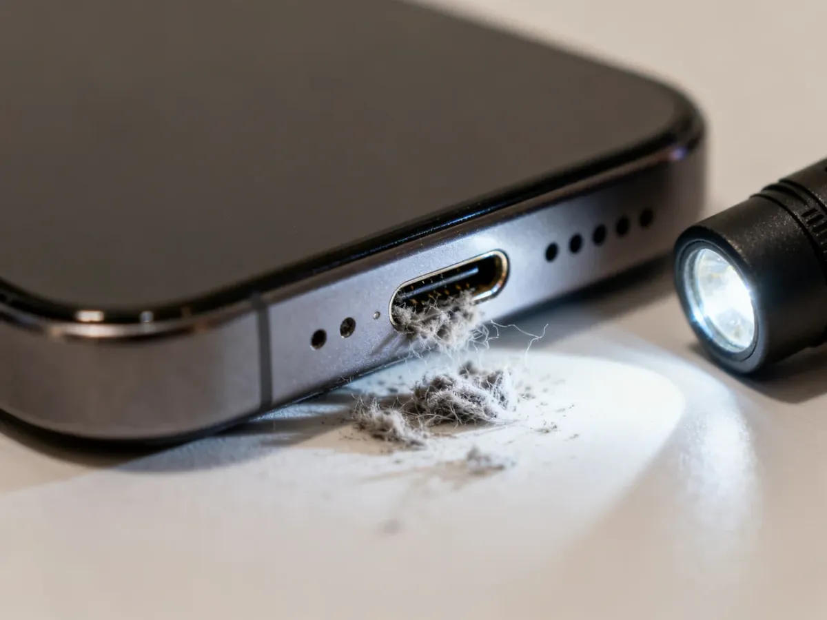 Zabrudzone gniazdo ładowania telefonu oświetlone latarką