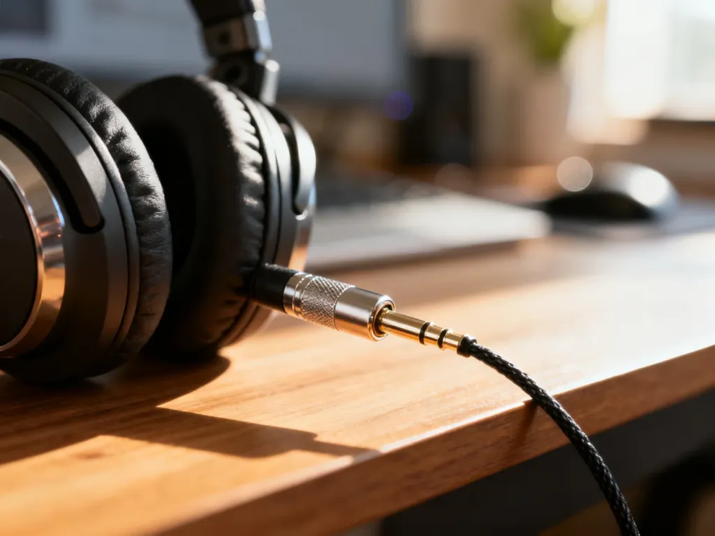 Wtyk kabla audio podłączony do budżetowych słuchawek na drewnianym biurku w promieniach porannego słońca.