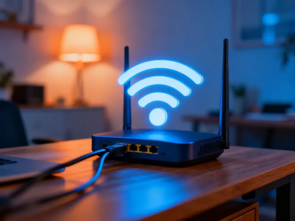 Nowoczesny router Wi-Fi na biurku w domowym biurze, symbolizujący połączenie z siecią bezprzewodową.