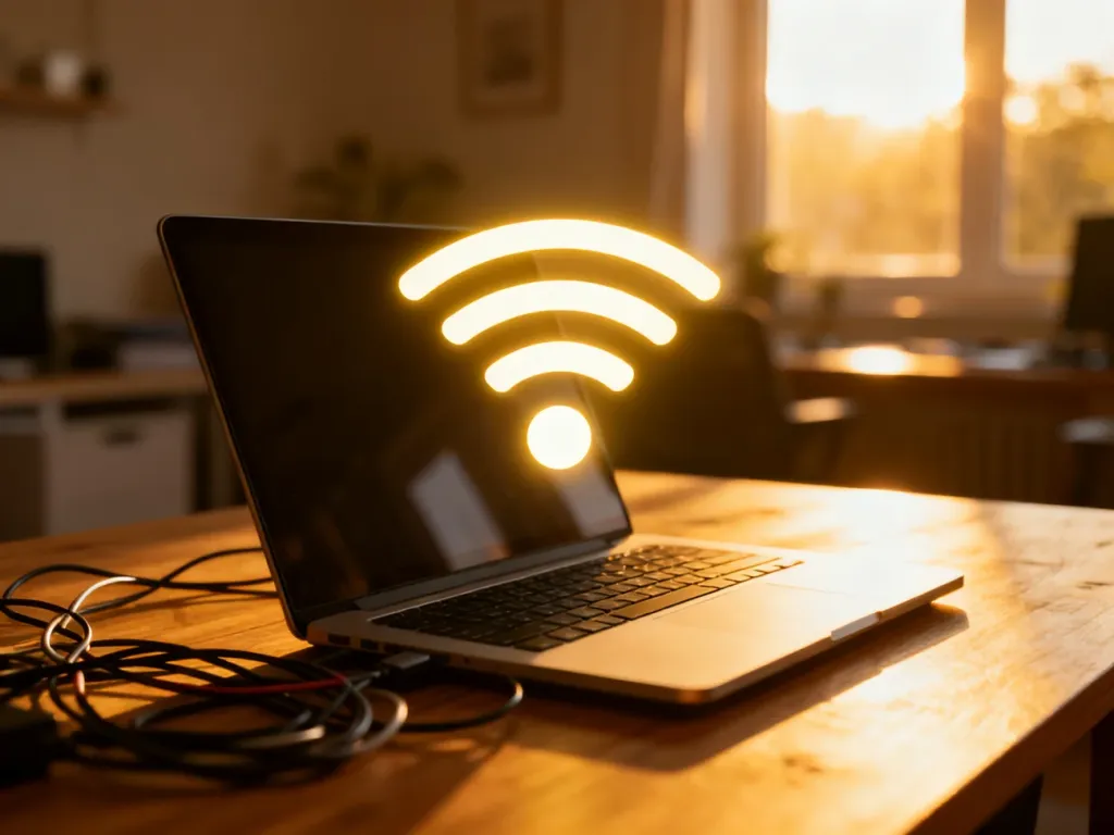 Nowoczesny laptop na biurku z ikoną sygnału Wi-Fi, ilustrujący problemy z połączeniem internetowym w domowym biurze.